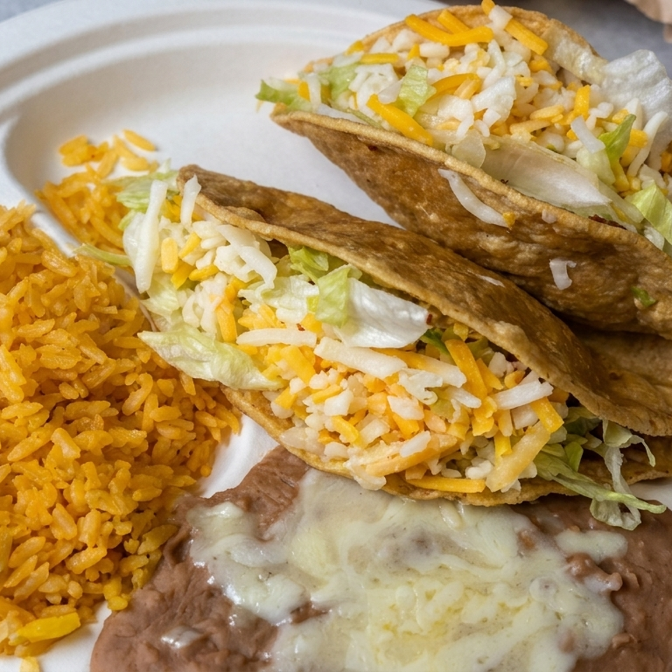 Plate of three crispy beef tacos with lettuce and cheese, Mexican rice, refried beans topped with melted cheese, and salsa.