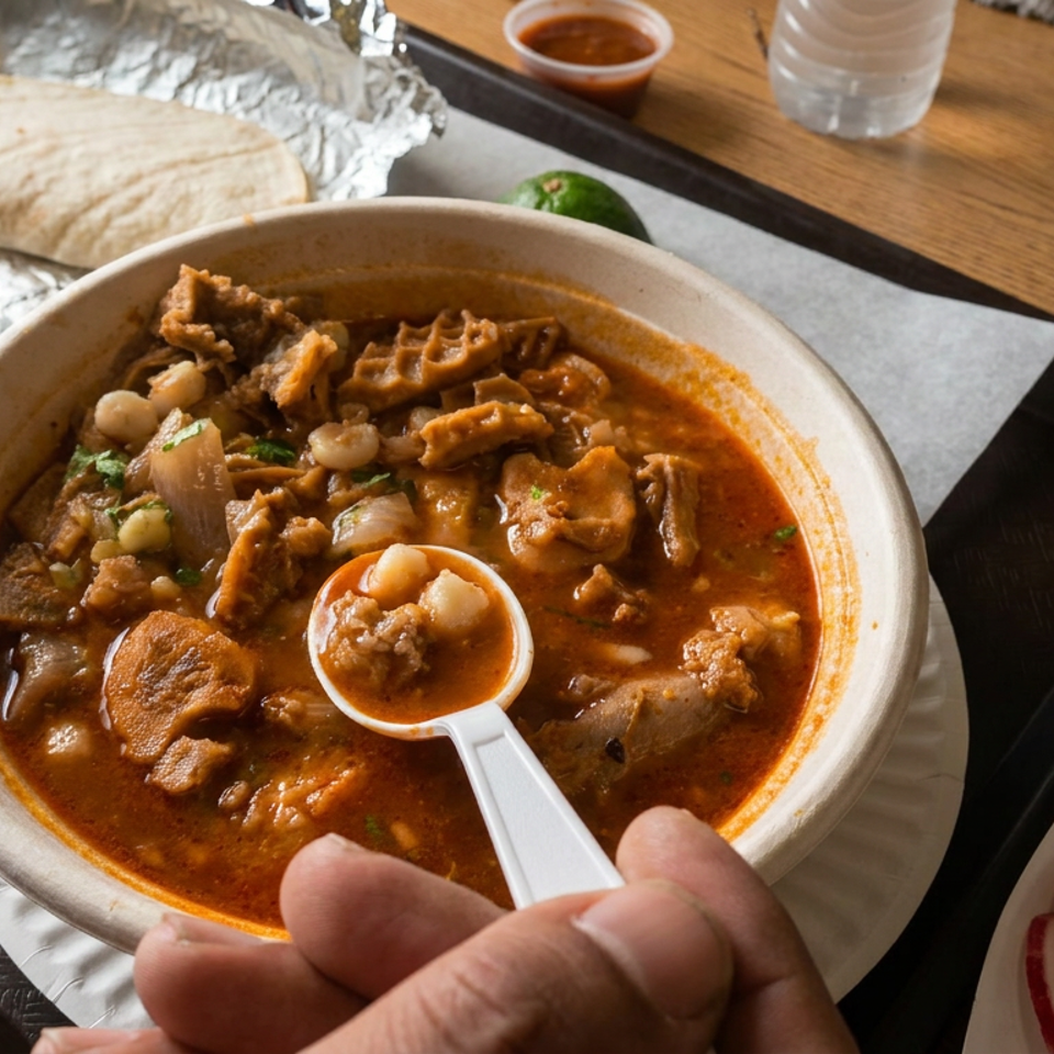 Bowl of reddish menudo soup with hominy and tripe, served with tortillas, lime, radishes, and a spoon.