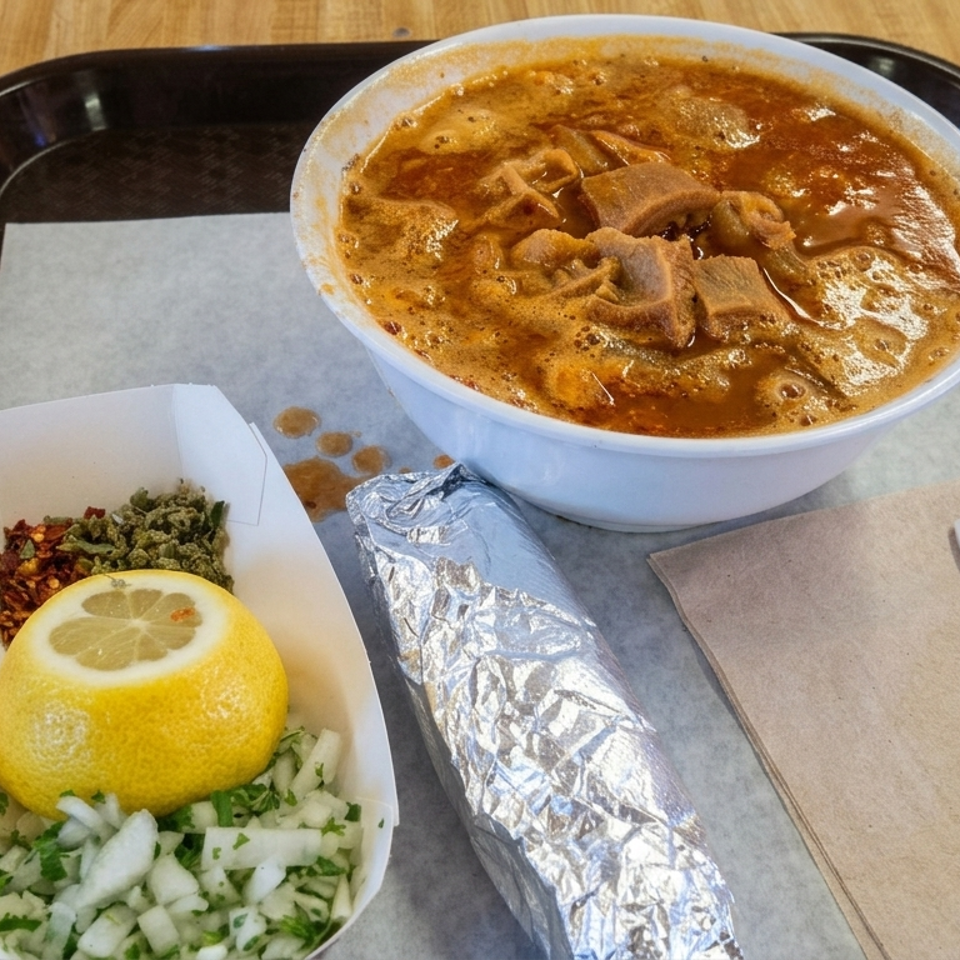 Bowl of spicy broth with sliced meat, garnishes, lemon, wrapped flatbread, and spoon arranged on a restaurant tray.