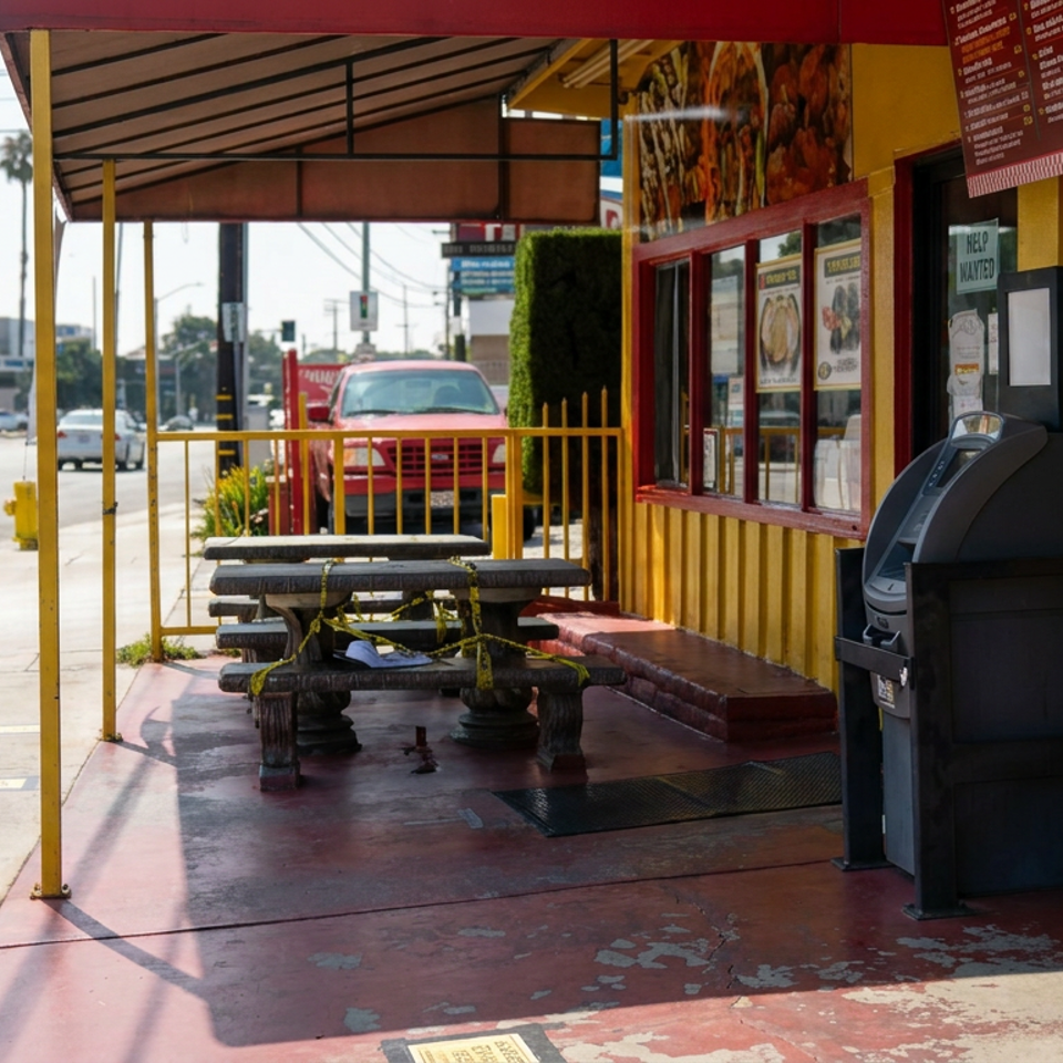 Outdoor Mexican restaurant counter with a customer ordering, picnic tables, colorful menu boards, and a sunny street-side setting.