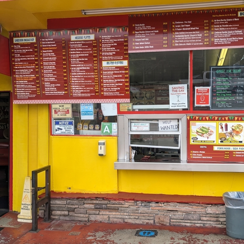 Bright yellow and red Mexican restaurant storefront with menu boards, food photos, service windows, and a woman entering.
