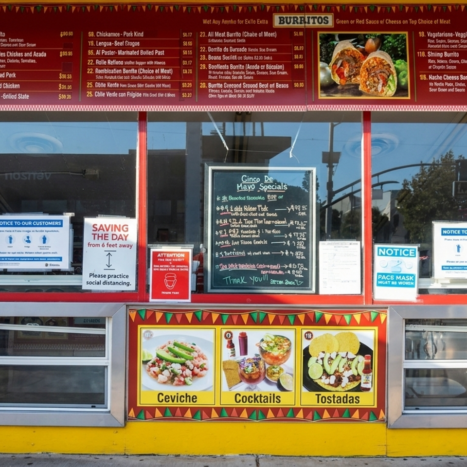 Colorful Mexican restaurant storefront displaying burrito menu, food photos, service windows, and COVID-19 safety notices.