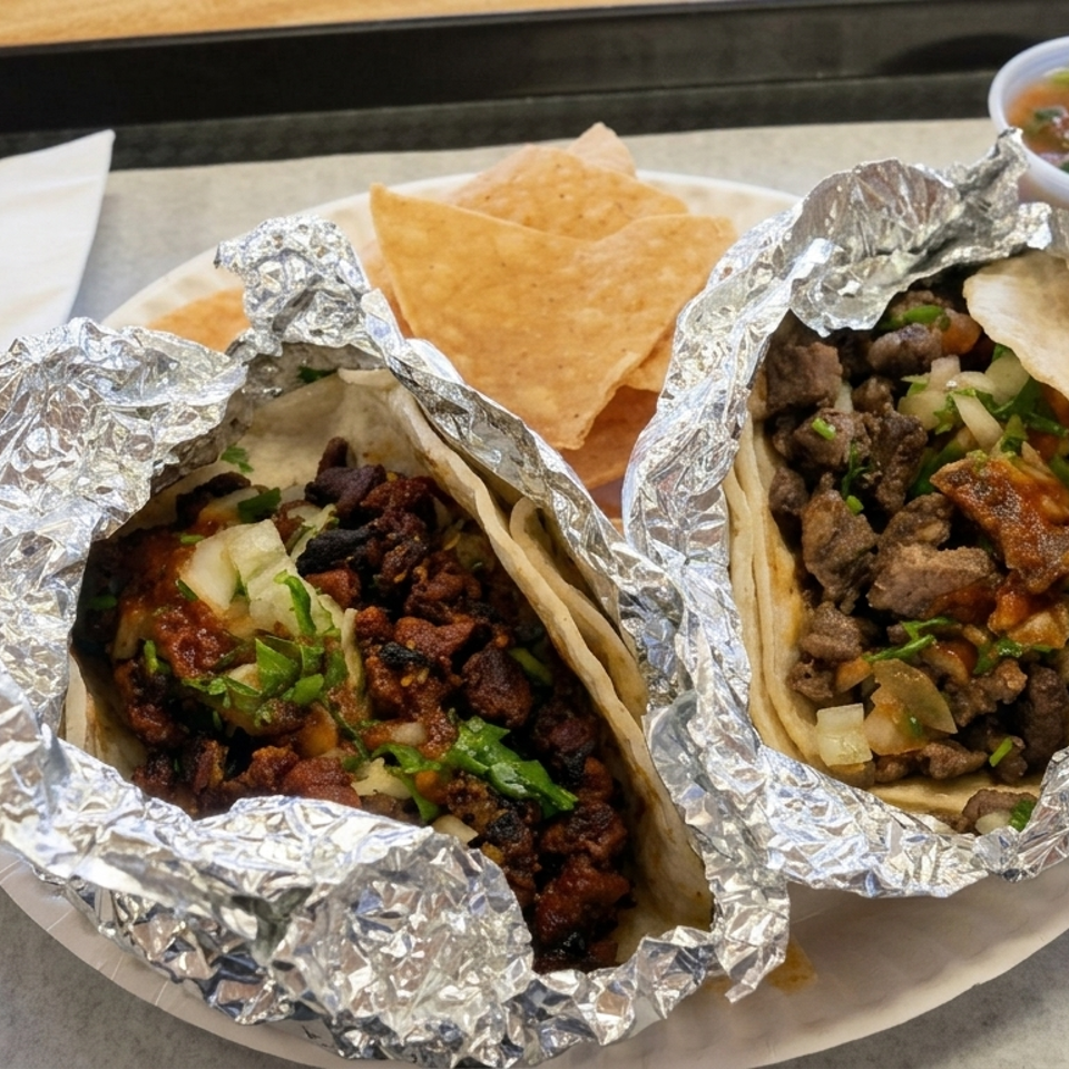 Two foil-wrapped plates of tacos topped with cilantro, onions, and salsa, served with tortilla chips on a cafeteria tray.