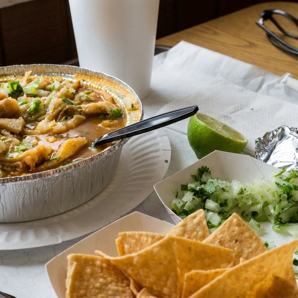 Mexican meal with saucy folded tortillas, lime, cilantro-onion garnish, chips, spices, and a foil-wrapped burrito on a table.