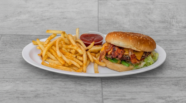 Avocado, Bacon and Cheese Burger.
